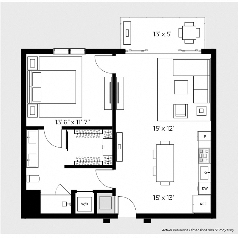 Floor plan for 1 bed, 1 bath, 780 sqft